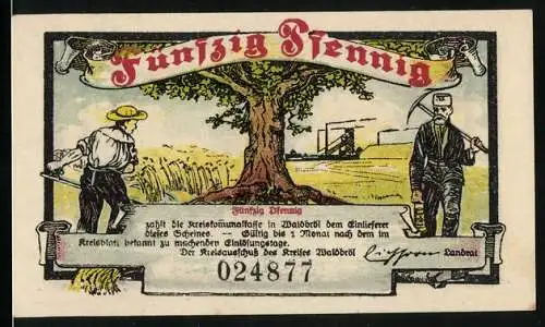Notgeld Waldbröl 1921, 50 Pfennig, Blick aufs Kreishaus und zwei Arbeiter
