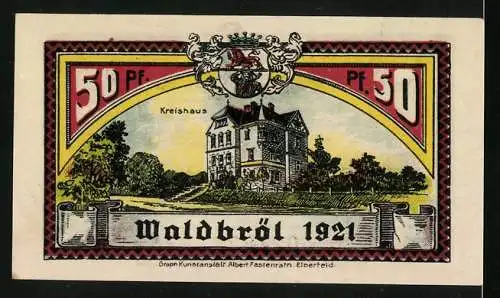 Notgeld Waldbröl 1921, 50 Pfennig, Blick aufs Kreishaus und zwei Arbeiter