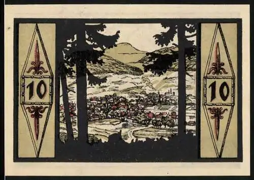 Notgeld Zella-Mehlis 1921, 10 Pfennig, Gesamtansicht und Ortspartien
