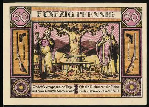 Notgeld Zella-Mehlis 1921, 50 Pfennig, Bischof und junge Frau