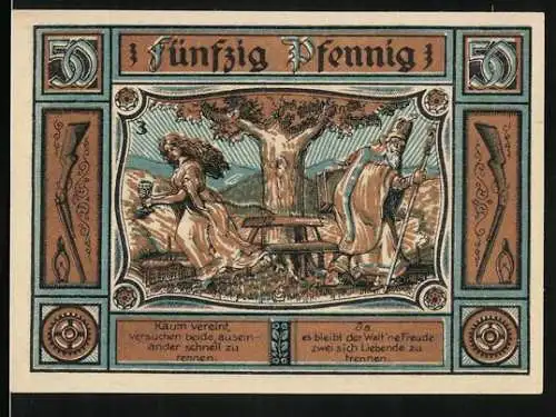 Notgeld Zella-Mehlis 1921, 50 Pfennig, Frau und Bischof rennen auseinander