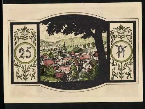Notgeld Zella-Mehlis 1921, 25 Pfennig, Ortsansicht mit Kirche