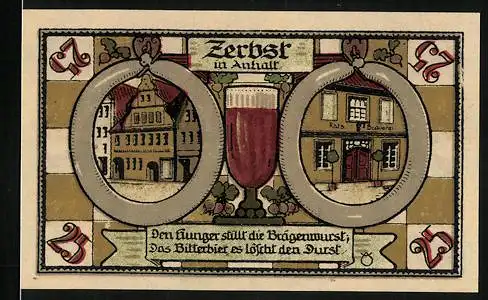 Notgeld Zerbst i. Anhalt 1921, 25 Pfennig, Rathaus und Rats-Brauerei