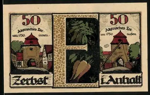 Notgeld Zerbst i. Anhalt 1921, 50 Pfennig, Akensches Tor um 1750