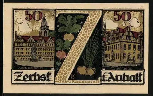 Notgeld Zerbst i. Anhalt 1921, 50 Pfennig, Altes Rathaus, Neues Haus, Wappen