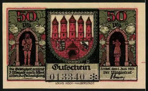 Notgeld Zerbst i. Anhalt 1921, 50 Pfennig, Altes Rathaus, Neues Haus, Wappen