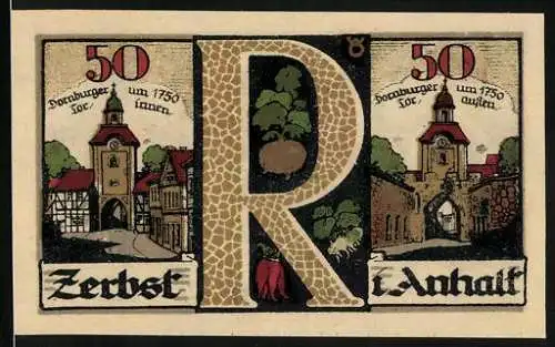 Notgeld Zerbst i. Anhalt 1921, 40 Pfennig, Dornburger Tor, Wappen