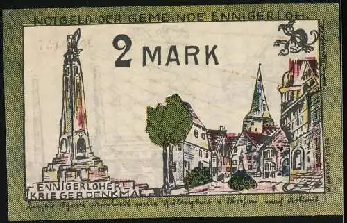Notgeld Ennigerloh 1921, 2 Mark, Ortspartie, Kriegerdenkmal