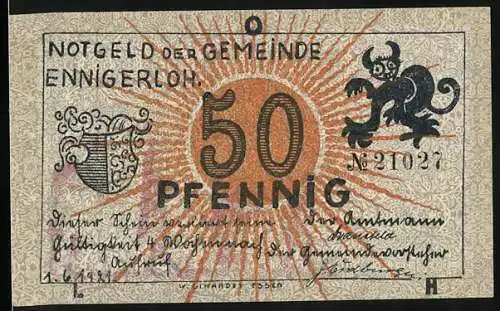 Notgeld Ennigerloh 1921, 50 Pfennig, Finanzamt, Wappen