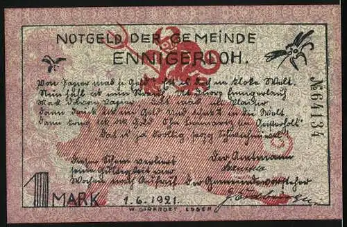 Notgeld Ennigerloh 1921, 1 Mark, Teufel mit Dreizack, Eule