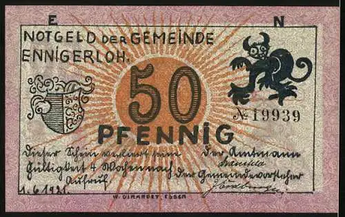 Notgeld Ennigerloh 1921, 50 Pfennig, Mann mit Schubkarre, Wappen