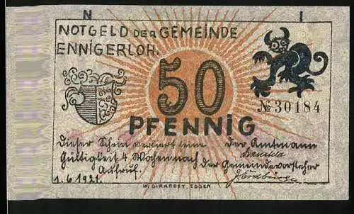 Notgeld Ennigerloh 1921, 50 Pfennig, Zeitungsleser, Marmelade-Eimer