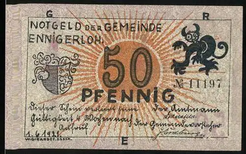 Notgeld Ennigerloh 1921, 50 Pfennig, Wappen, Mann mit Pfeife