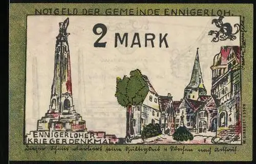 Notgeld Ennigerloh 1921, 2 Mark, Kriegerdenkmal, Fabrik