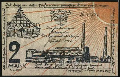 Notgeld Ennigerloh 1921, 2 Mark, Kriegerdenkmal, Fabrik