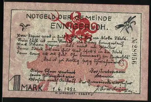 Notgeld Ennigerloh 1921, 1 Mark, Teufel mit Dreizack, Eule