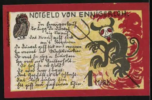 Notgeld Ennigerloh 1921, 1 Mark, Teufel mit Dreizack, Eule
