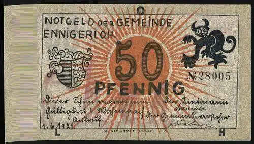 Notgeld Ennigerloh 1921, 50 Pfennig, Wappen, Finanzamt