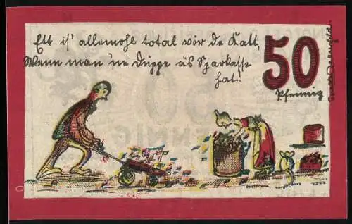 Notgeld Ennigerloh 1921, 50 Pfennig, Mann mit Schubkarre, Wappen