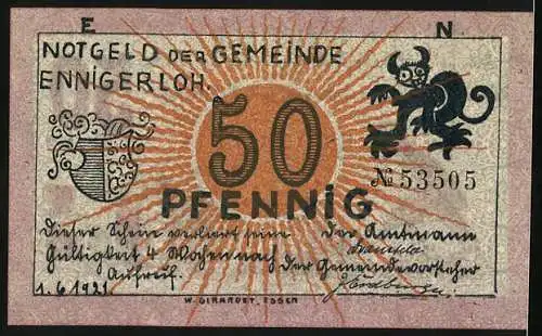 Notgeld Ennigerloh 1921, 50 Pfennig, Mann mit Schubkarre, Wappen