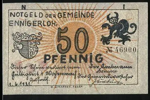Notgeld Ennigerloh 1921, 50 Pfennig, Wappen, Marmelade-Eimer