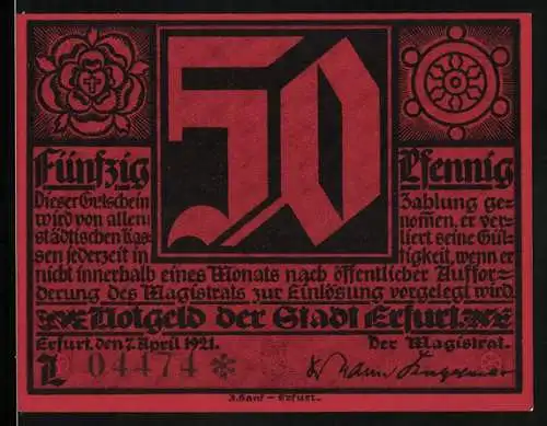 Notgeld Erfurt 1921, 50 Pfennig, Wappen, Martin Luther