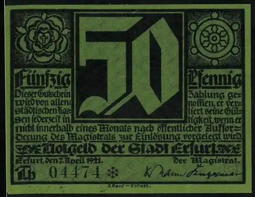 Notgeld Erfurt 1921, 50 Pfennig, Wappen, Martin Luther