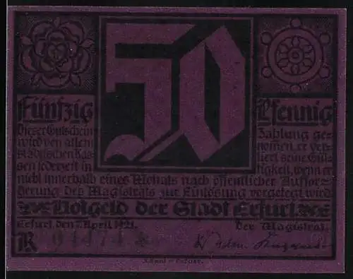Notgeld Erfurt 1921, 50 Pfennig, Wappen, Martin Luther