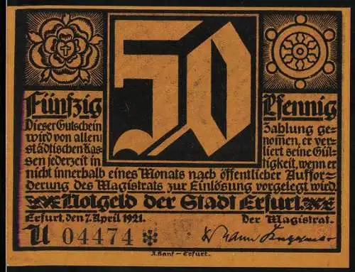 Notgeld Erfurt 1921, 50 Pfennig, Wappen, Martin Luther