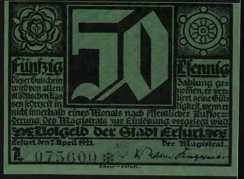 Notgeld Erfurt 1921, 50 Pfennig, Martin Luther, Wappen