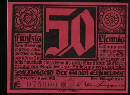 Notgeld Erfurt 1921, 50 Pfennig, Wappen, Martin Luther