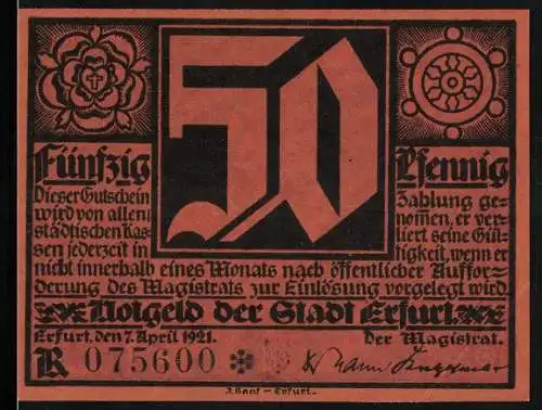 Notgeld Erfurt 1921, 50 Pfennig, Wappen, Martin Luther