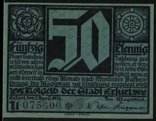 Notgeld Erfurt 1921, 50 Pfennig, Wappen, Martin Luther