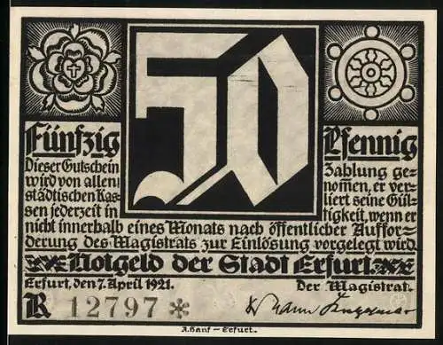 Notgeld Erfurt 1921, 50 Pfennig, Wappen, Martin Luther