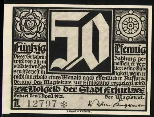 Notgeld Erfurt 1921, 50 Pfennig, Wappen, Martin Luther