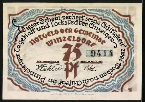 Notgeld Winzeldorf, 75 Pfennig, Holsteiner Bauer mit Pflug