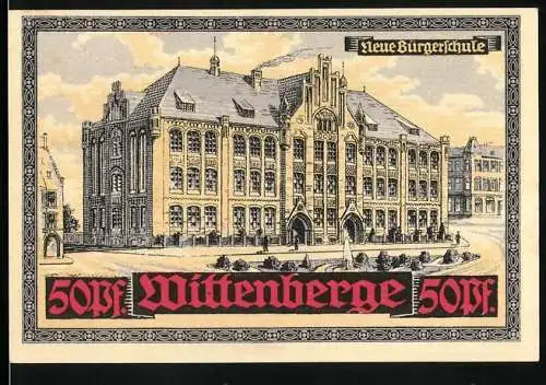 Notgeld Wittenberge, 50 Pfennig, Neue Bürgerschule, Wappen