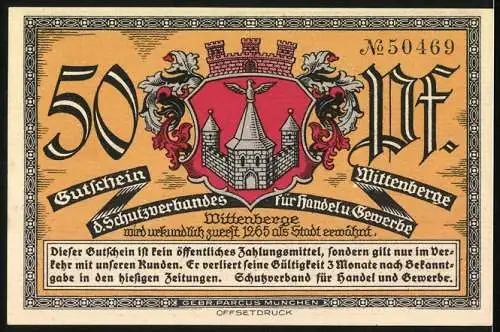 Notgeld Wittenberge, 50 Pfennig, Neue Bürgerschule, Wappen