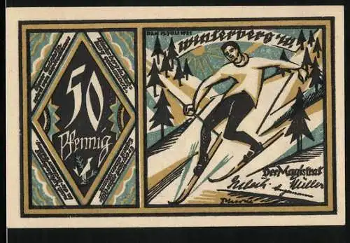 Notgeld Winterberg i. W. 1921, 50 Pfennig, Skifahrer