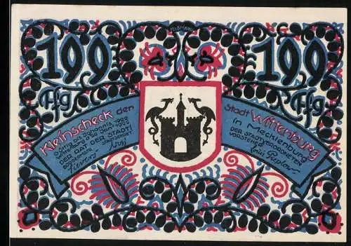 Notgeld Wittenburg i. Mecklenburg 1922, 199 Pfennig, Wappen, Gedenkstein