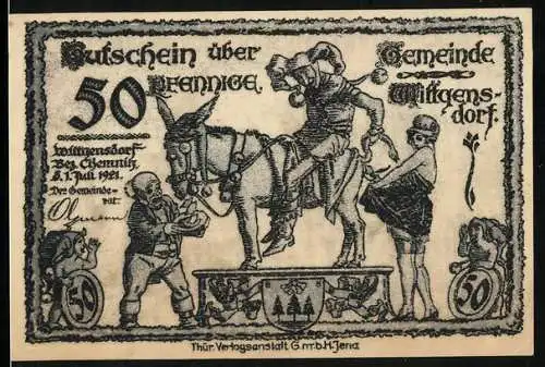 Notgeld Wittgensdorf 1921, 50 Pfennig, Gaukler auf Esel