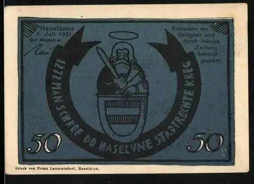 Notgeld Haselünne 1921, 50 Pfennig, Wappen mit Petrus, Ortsansicht