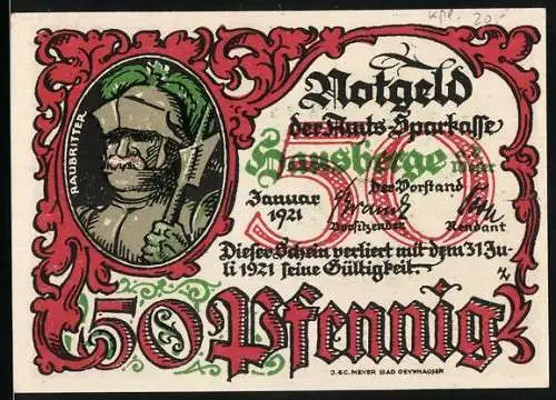 Notgeld Hausberge /Weser 1921, 50 Pfennig, Raubritter, Historische Schlacht