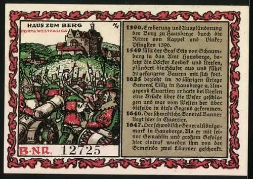 Notgeld Hausberge /Weser 1921, 50 Pfennig, Raubritter, Historische Schlacht
