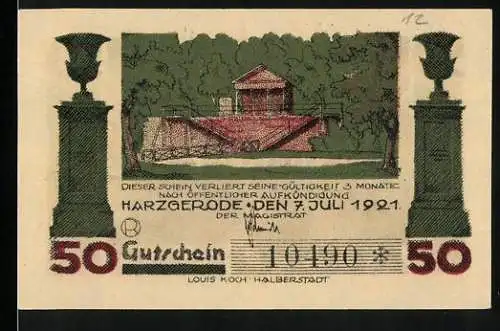 Notgeld Harzgerode 1921, 50 Pfennig, Alexisbad, Säulen, Gebäude