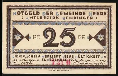 Notgeld Heede /Bez. Hemdingen 1921, 25 Pfennig, Ornamente mit Stern und Kreuz, Arbeit und Fleiss...