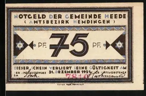 Notgeld Heede /Bez. Hemdingen 1921, 75 Pfennig, Ornamente mit Stern und Kreuz, Nicht wer wenig hat...
