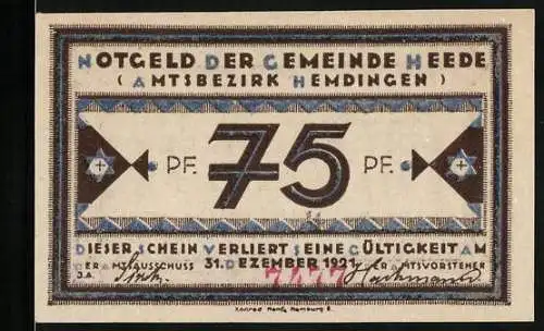Notgeld Heede /Bez. Hemdingen 1921, 75 Pfennig, Ornamente mit Stern und Kreuz, Geniesse, was dir...