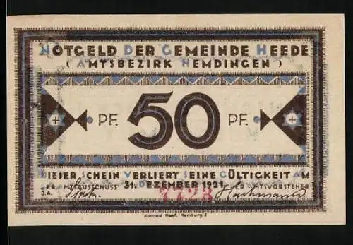 Notgeld Heede /Bez. Hemdingen 1921, 50 Pfennig, Ornamente mit Stern und Kreuz, Schaue vorwärts...