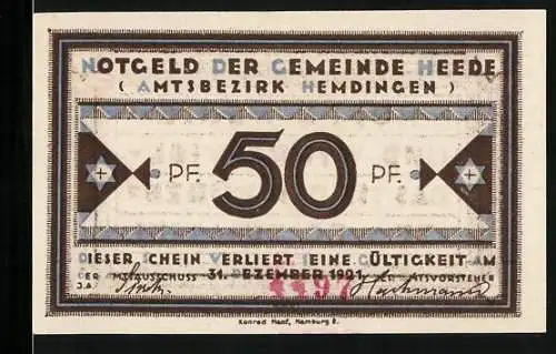 Notgeld Heede /Bez. Hemdingen 1921, 50 Pfennig, Ornamente mit Stern und Kreuz, Hoffe wenig...